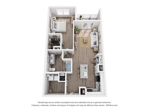 a 1 bedroom floorplan with a bedroom and a living room